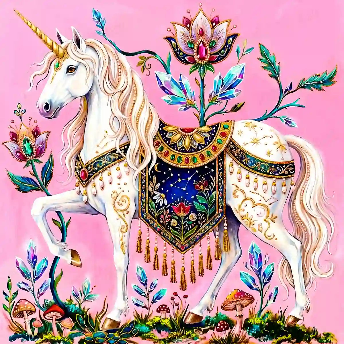 The White Horn diamond painting featuring a mystical unicorn with golden accents and enchanted crystal flora – FEELOOK Art