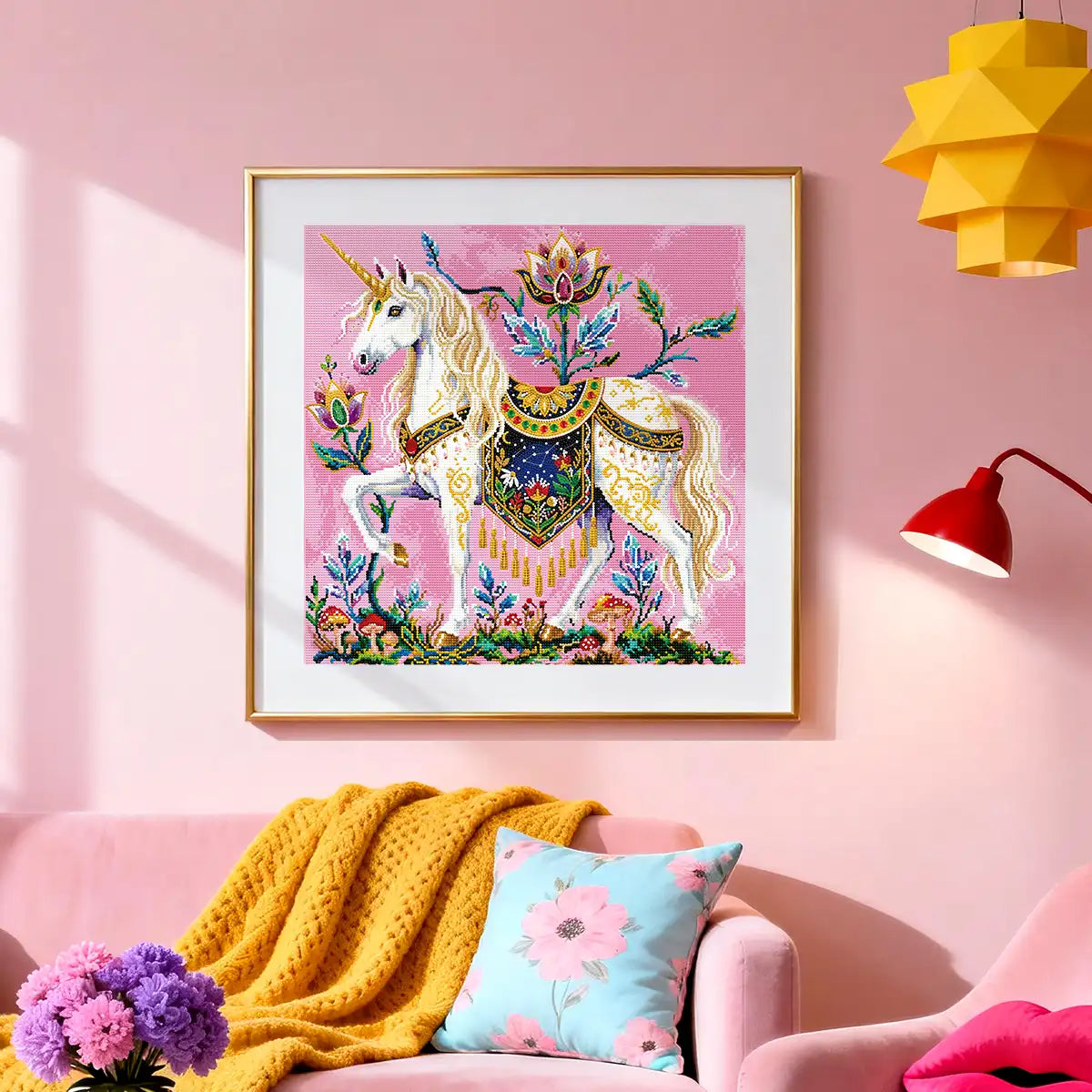 The White Horn diamond painting framed in a cozy bedroom setting providing a magical touch to the wall – FEELOOK Art
