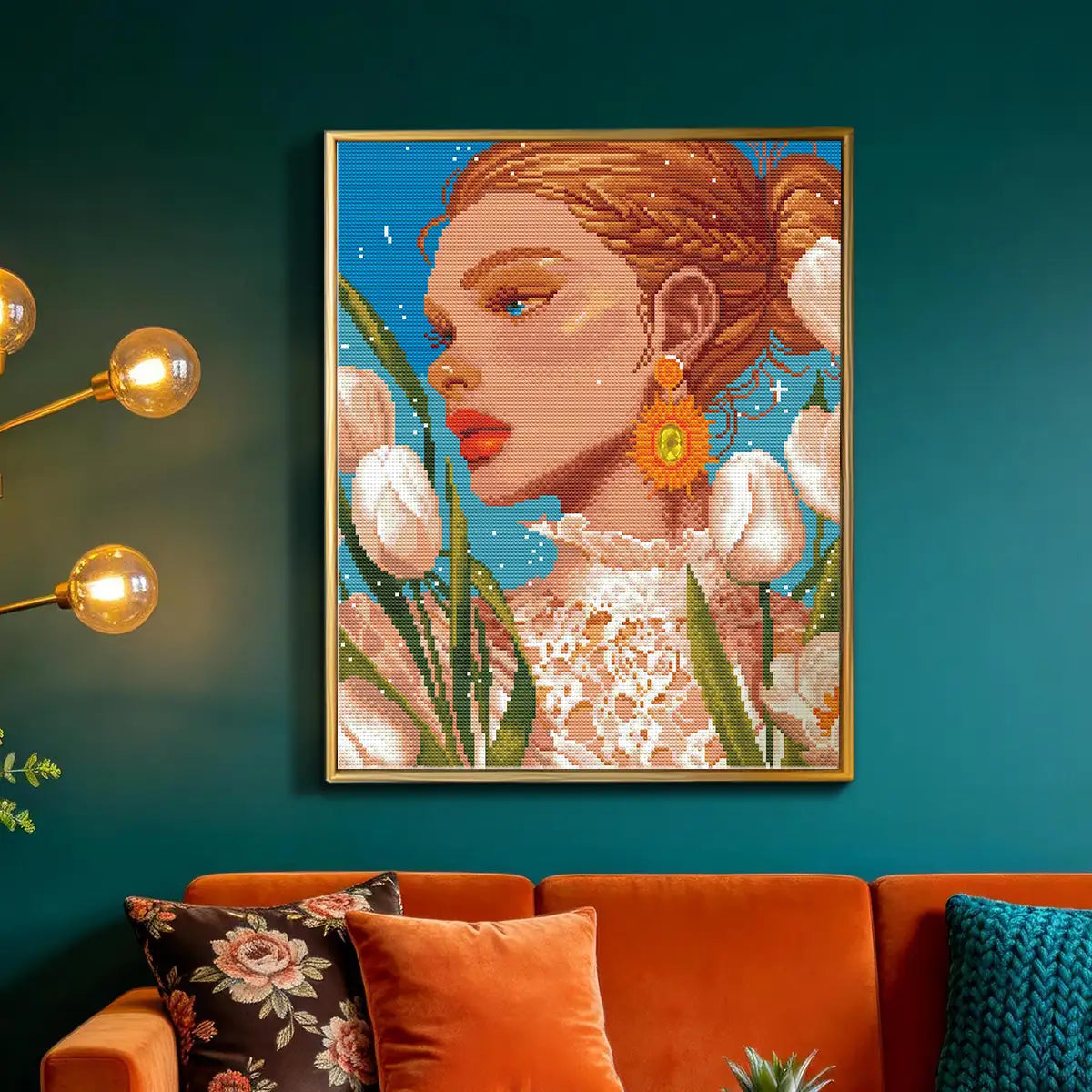 White Tulips 5D diamond painting in bedroom: creates warm, luminous atmosphere - FEELOOK Art