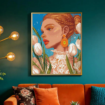 White Tulips 5D diamond painting in bedroom: creates warm, luminous atmosphere - FEELOOK Art