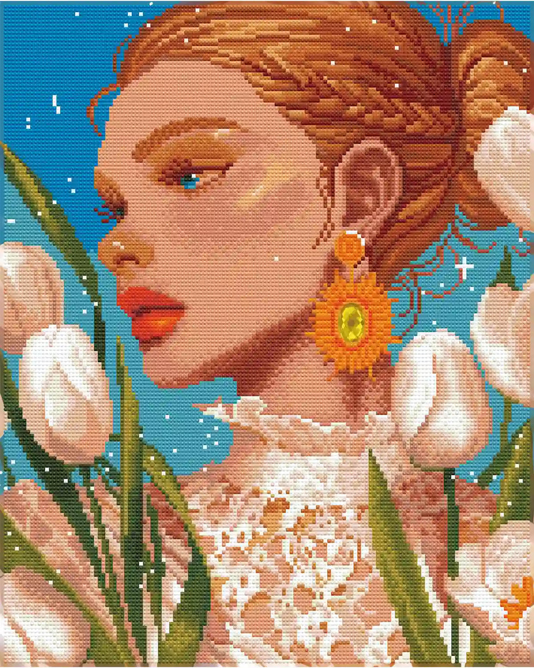 Completed White Tulips 5D diamond painting: detailed scene with shimmering golden accents & soft tulip texture - FEELOOK Art