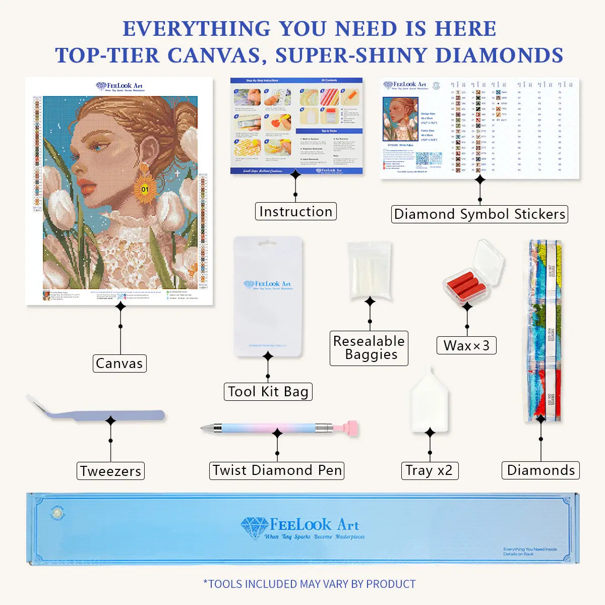 White Tulips 5D diamond painting kit: full set with canvas, diamonds & tools - FEELOOK Art