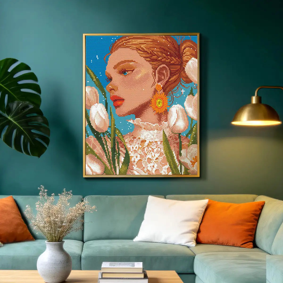White Tulips 5D diamond painting in living room: adds bright floral elegance to decor - FEELOOK Art