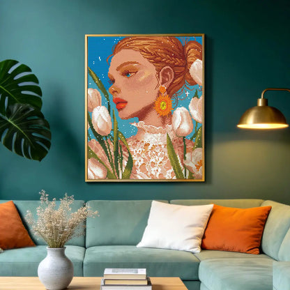 White Tulips 5D diamond painting in living room: adds bright floral elegance to decor - FEELOOK Art