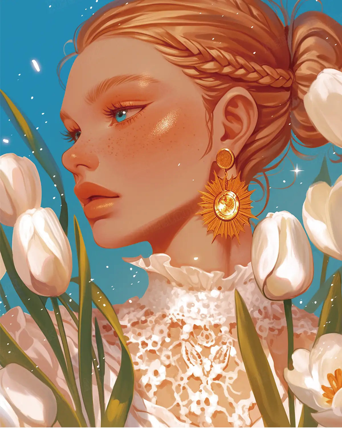 Main image of White Tulips 5D diamond painting: figure with braided hair, golden sun earrings & white tulips - FEELOOK Art