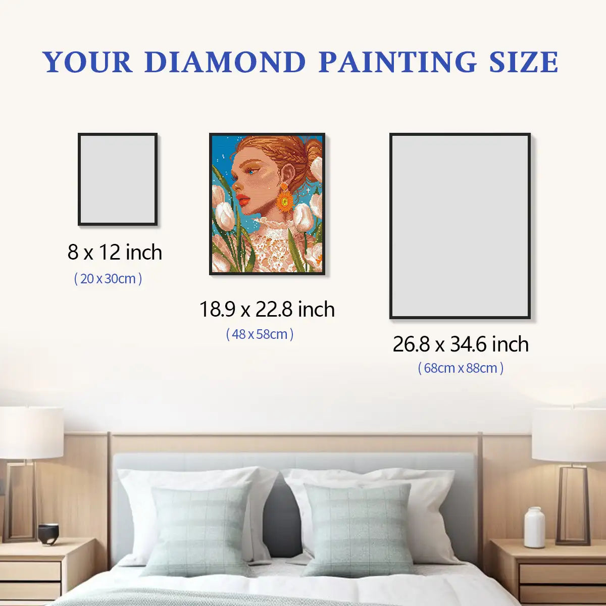Size chart for White Tulips 5D diamond painting: multiple decorative size options - FEELOOK Art