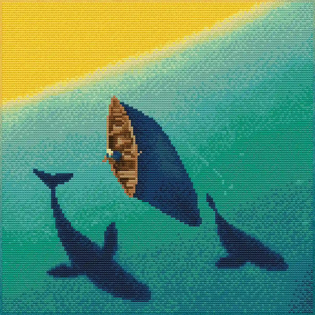Finished Wild Grace diamond painting with sparkling rhinestones depicting a boat and whales in the ocean - FEELOOK Art