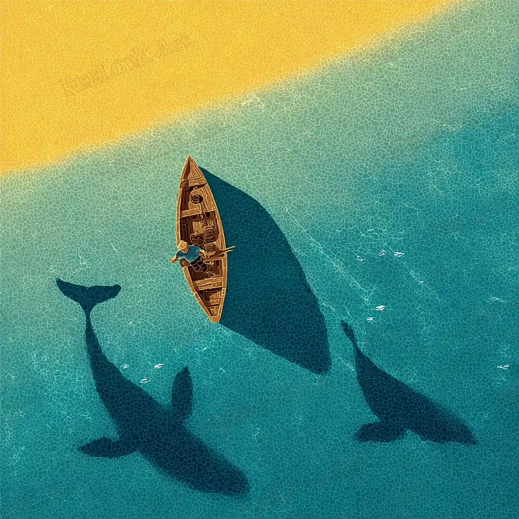 Original Wild Grace artwork featuring a wooden boat and whale shadows in turquoise ocean water - FEELOOK Art