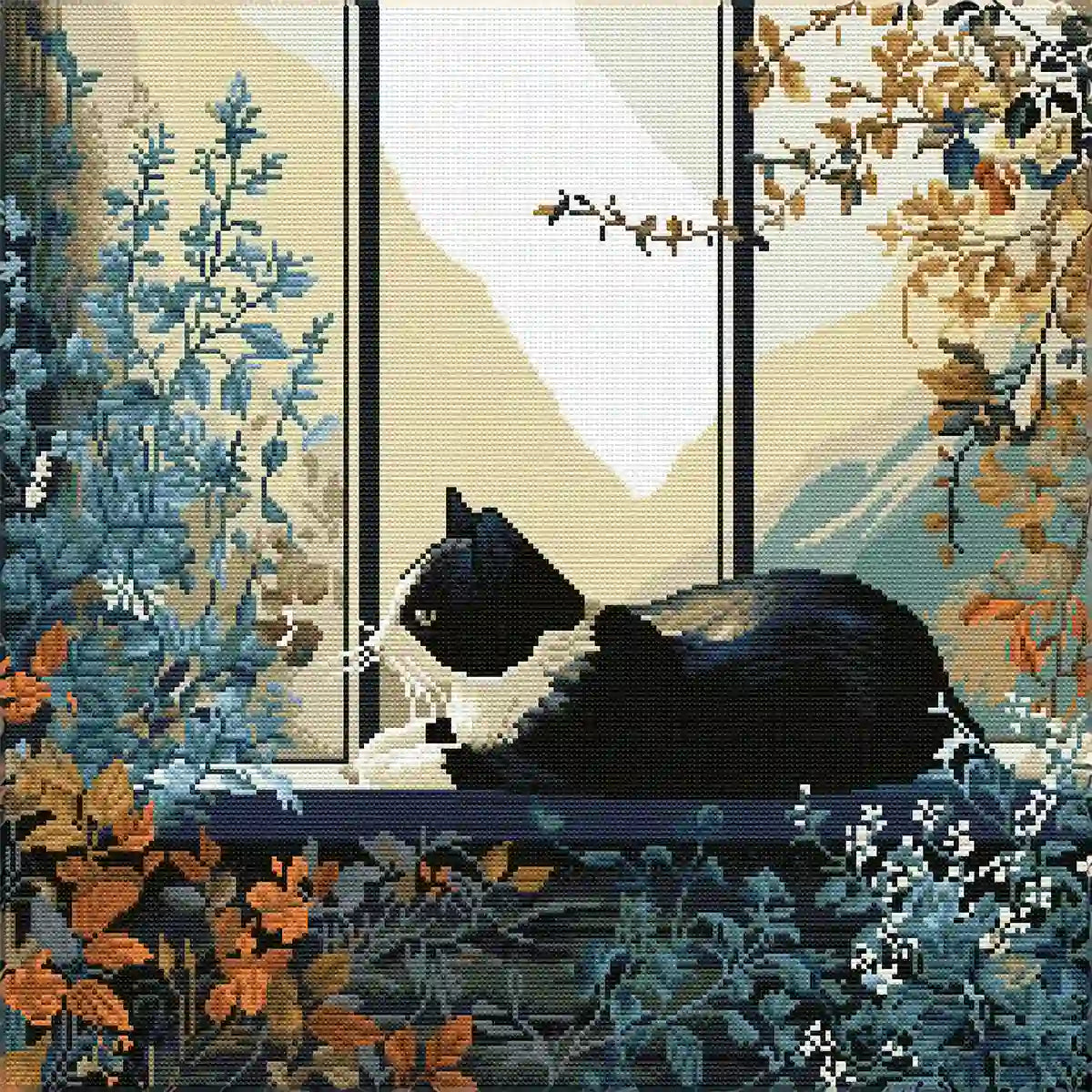 Finished Window Chill diamond painting with sparkling rhinestones depicting a cat on a windowsill - FEELOOK Art