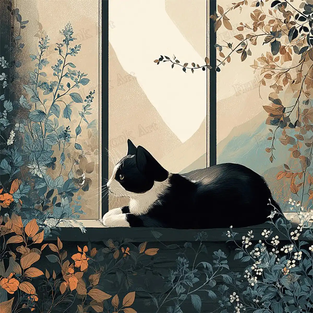 Original Window Chill artwork featuring a black and white cat on a windowsill with autumn foliage - FEELOOK Art