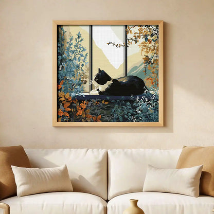 Window Chill diamond painting hung on a wall above a beige sofa - FEELOOK Art