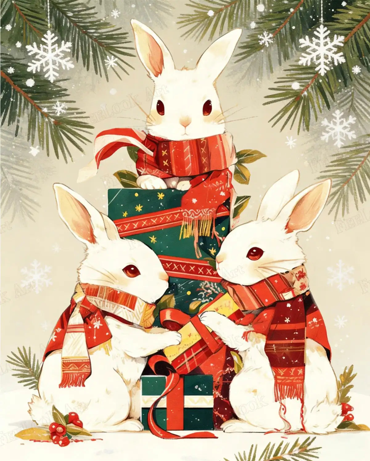 Winter Bunnies 5D diamond painting kit with cute white rabbits, Christmas gifts, snowflakes and pine branches - FEELOOK Art