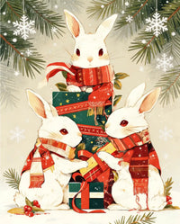 Winter Bunnies 5D diamond painting kit with cute white rabbits, Christmas gifts, snowflakes and pine branches - FEELOOK Art