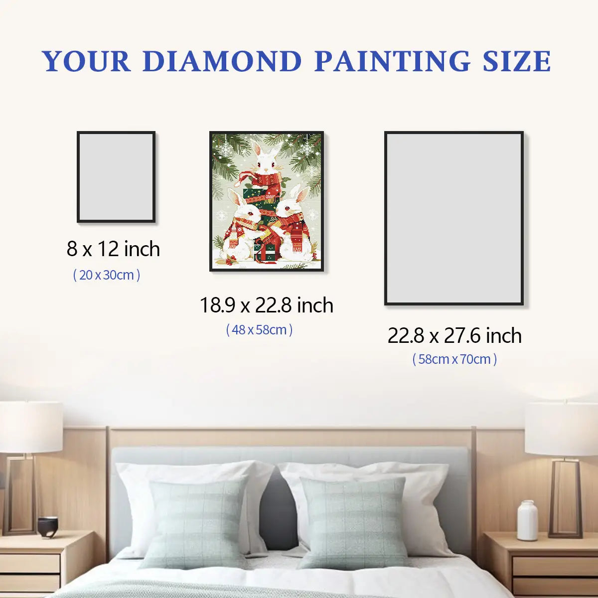 Winter Bunnies 5D diamond painting size chart showing cute animals artwork scale for holiday wall decor - FEELOOK Art