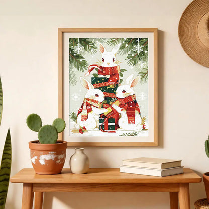 Winter Bunnies diamond art kit styled for creators with resin drills, AB sparkle and cozy winter details - FEELOOK Art