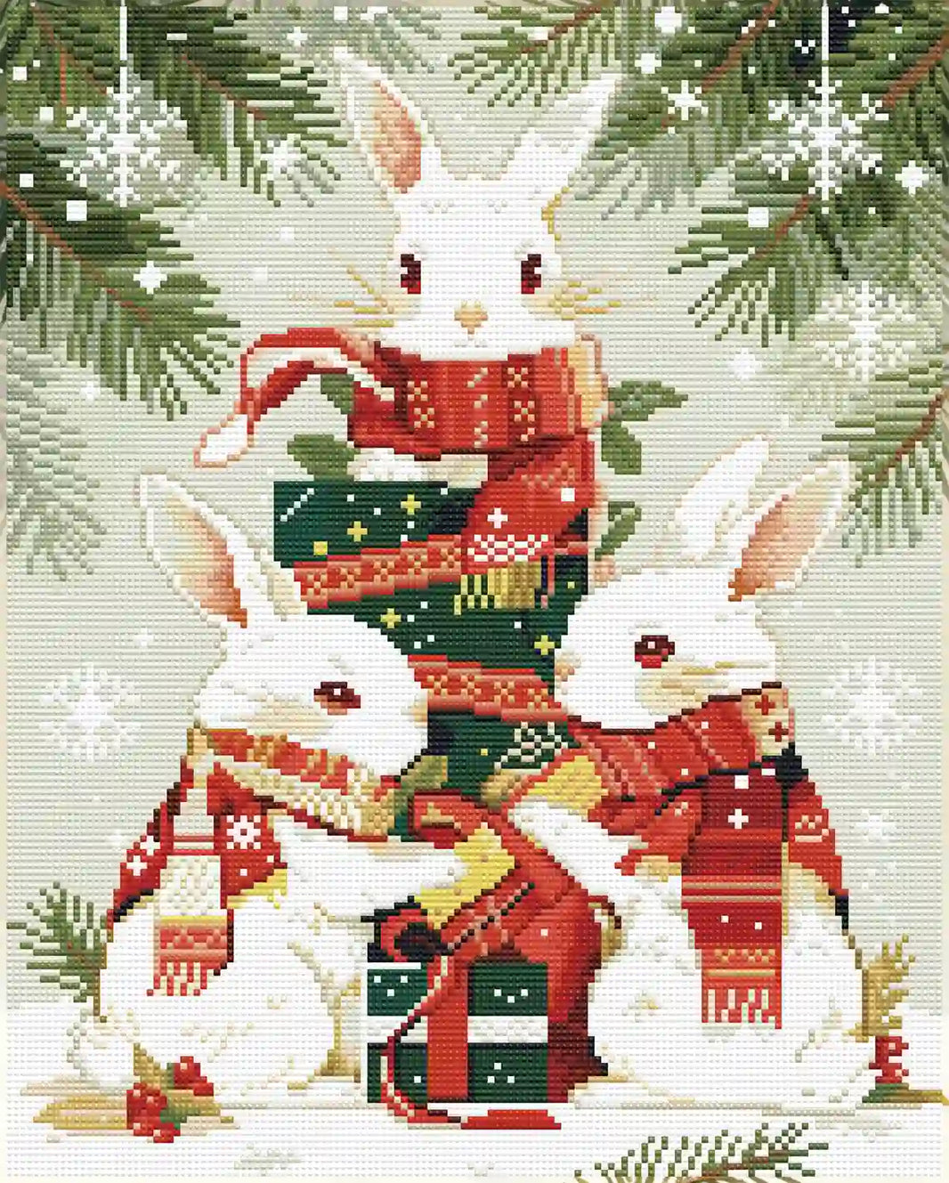 Finished Winter Bunnies diamond art kit with full drill resin drills, AB sparkle and cozy animal holiday art - FEELOOK Art