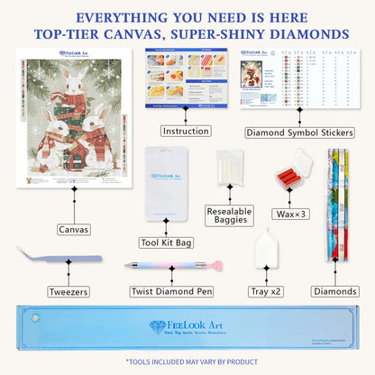 Winter Bunnies diamond painting kit with full drill canvas, resin drills, AB drills and complete DIY tools - FEELOOK Art