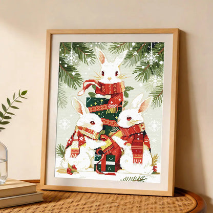 Winter Bunnies diamond painting kit displayed as festive animals wall decor for Christmas home styling - FEELOOK Art