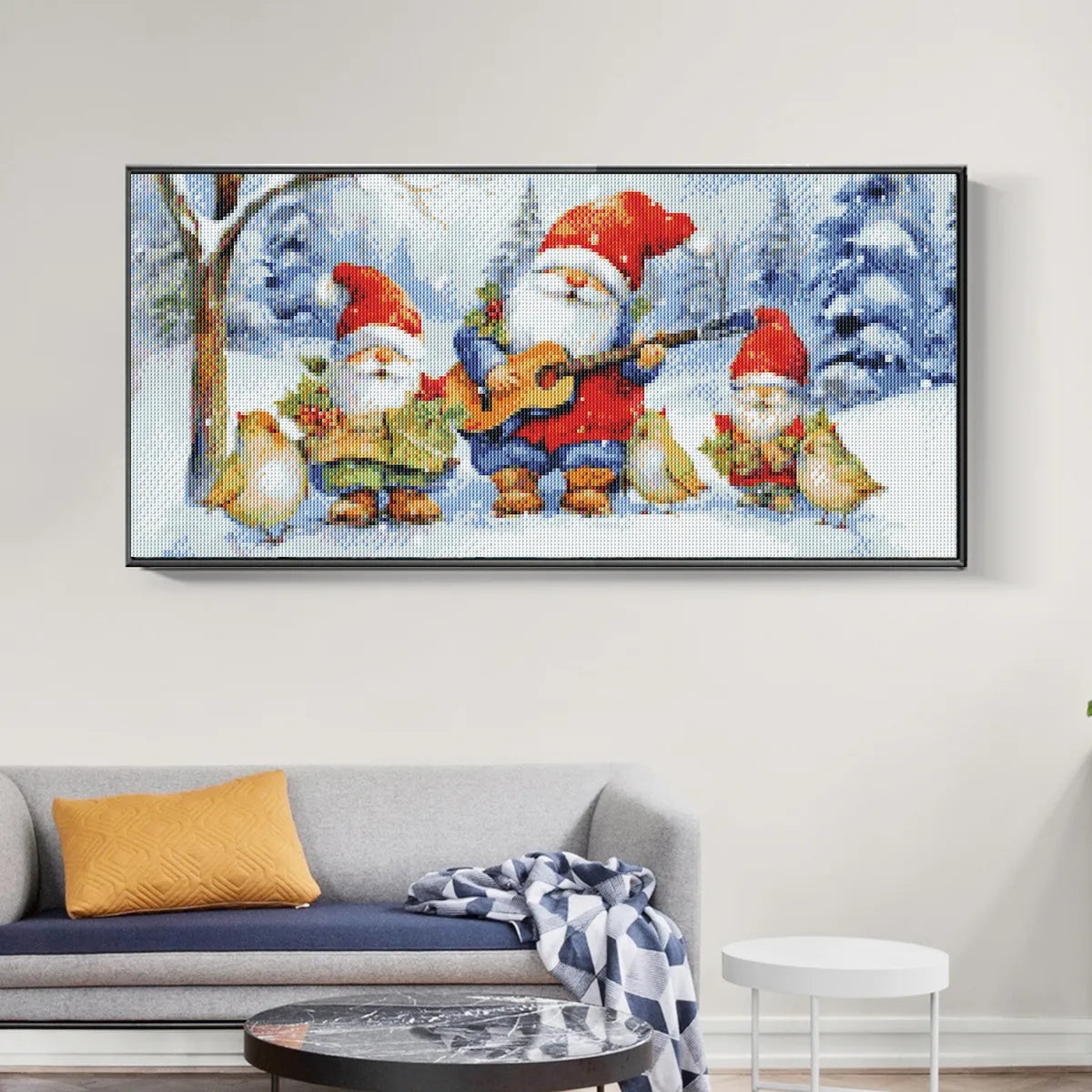 Winter Gnome diamond painting displayed alongside festive Christmas décor