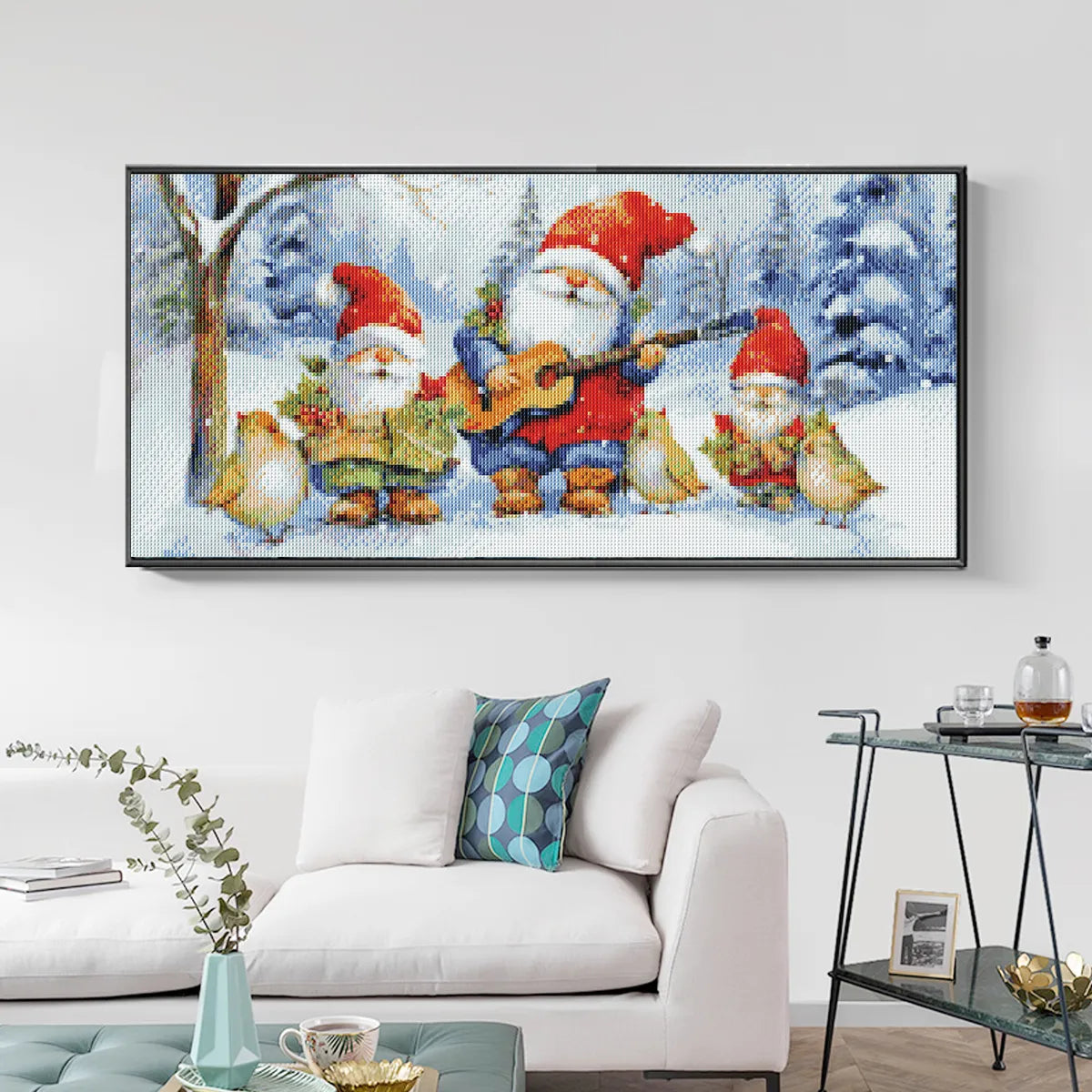 Winter Gnome diamond painting displayed on a cozy winter-themed wall