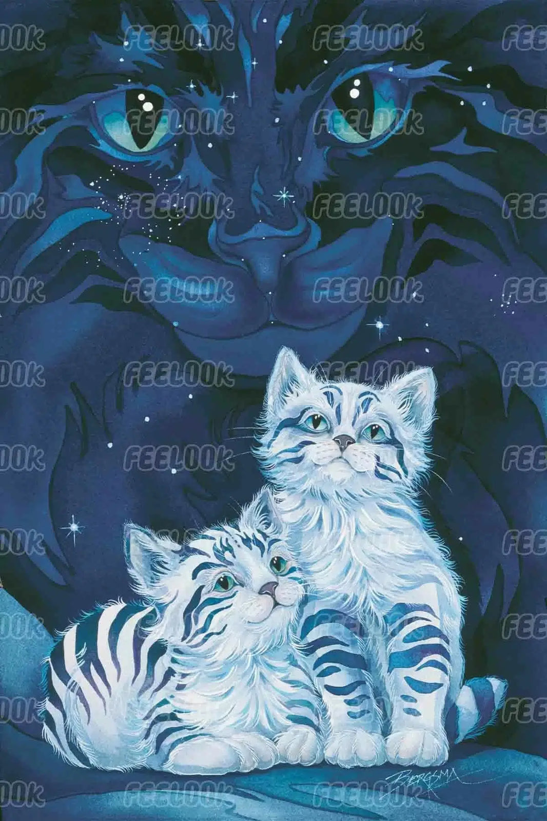 Wish Upon A Star diamond painting featuring two white kittens with dark blue stripes cuddling together, with a mystical tiger’s face behind them – FEELOOK Art