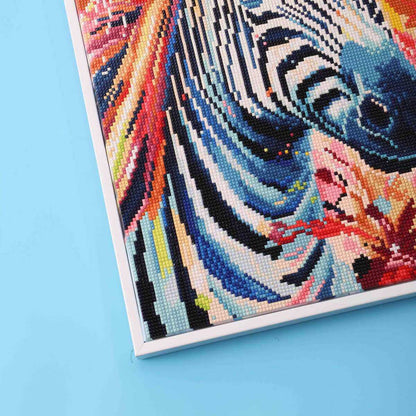 A detailed view of the zebra's features from the full drill diamond painting, highlighting the sparkle and depth of each diamond placed on the canvas.