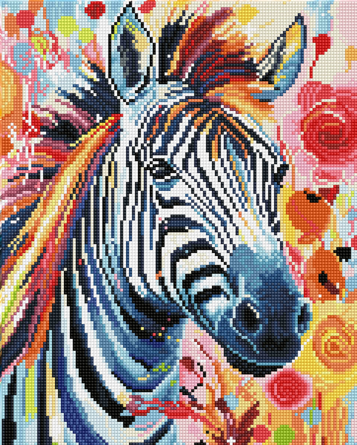 Stunning rendered image of the full drill diamond painting kit, showing the fine details of the zebra's stripes and sparkle of the diamonds.