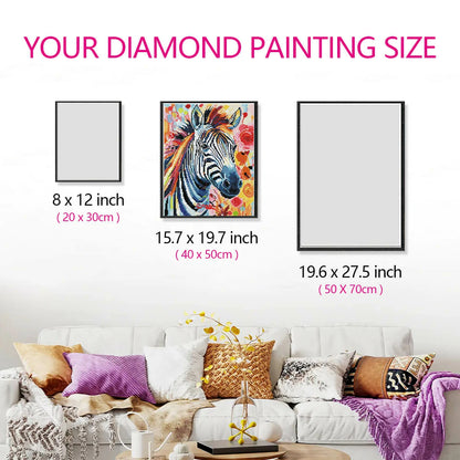 Size guide of the Zebra diamond painting canvas, showing the proportions of the artwork in a room setting for easy reference.