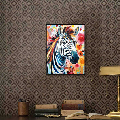 Zebra diamond painting displayed as diamond painting home decor on the wall, adding an elegant touch to any modern living space.